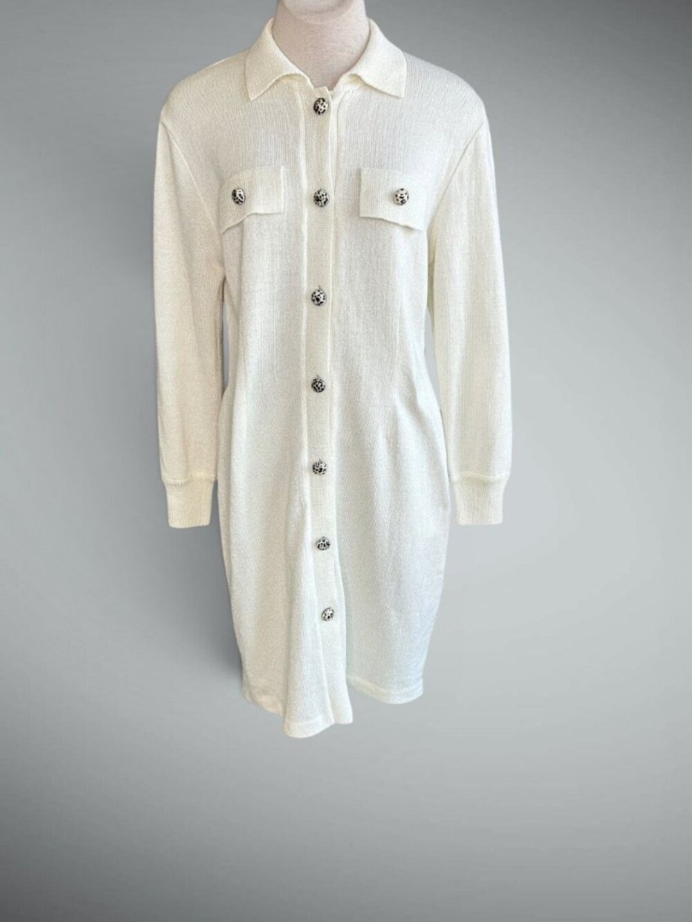 Liz Claiborne Vintage Ivory Knit Sweater Dress Leopard Print Buttons Size Large